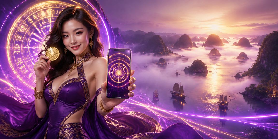 Cảnh cá cược casino qua thiết bị di động tại vịnh Hạ Long với phong cách neon